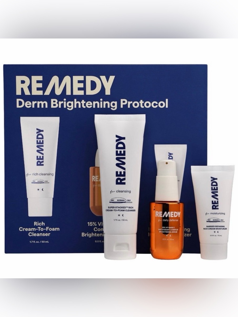 REMEDY Derm Brightening 3-Piece Skincare Kit ~ Cleanser Serum Moisturizer ~ NIB